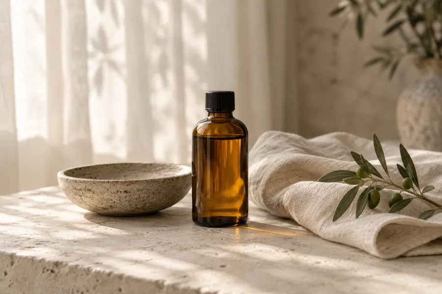 Amber massage oil, folded linen and a ceramic bowl in soft daylight.