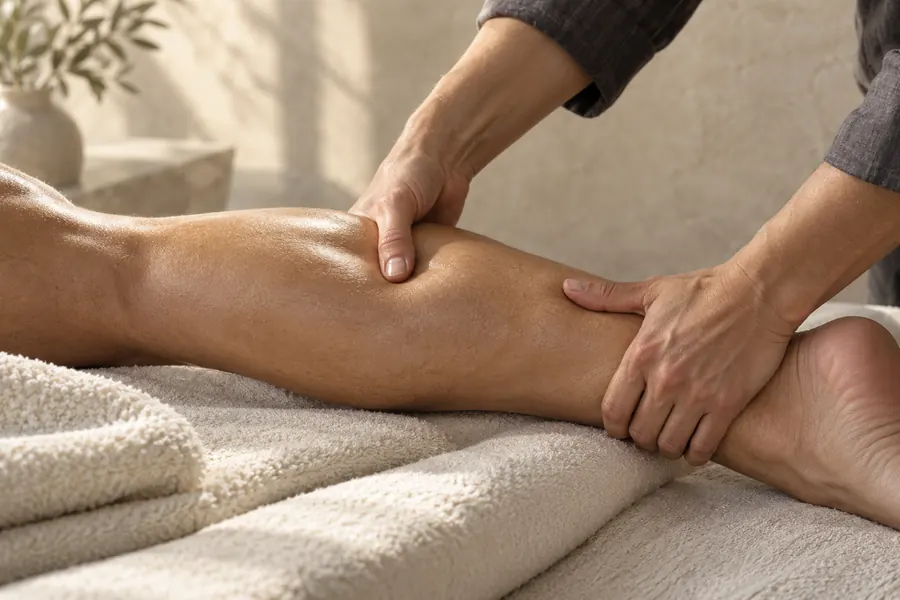 Focused massage of a calf and ankle resting on an ivory towel.