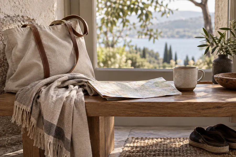 A day bag, scarf and folded map beside a cup on a table.