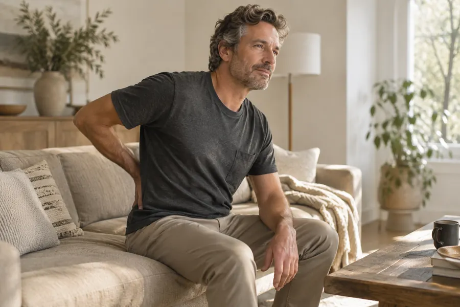 A seated man rests one hand against his lower back.