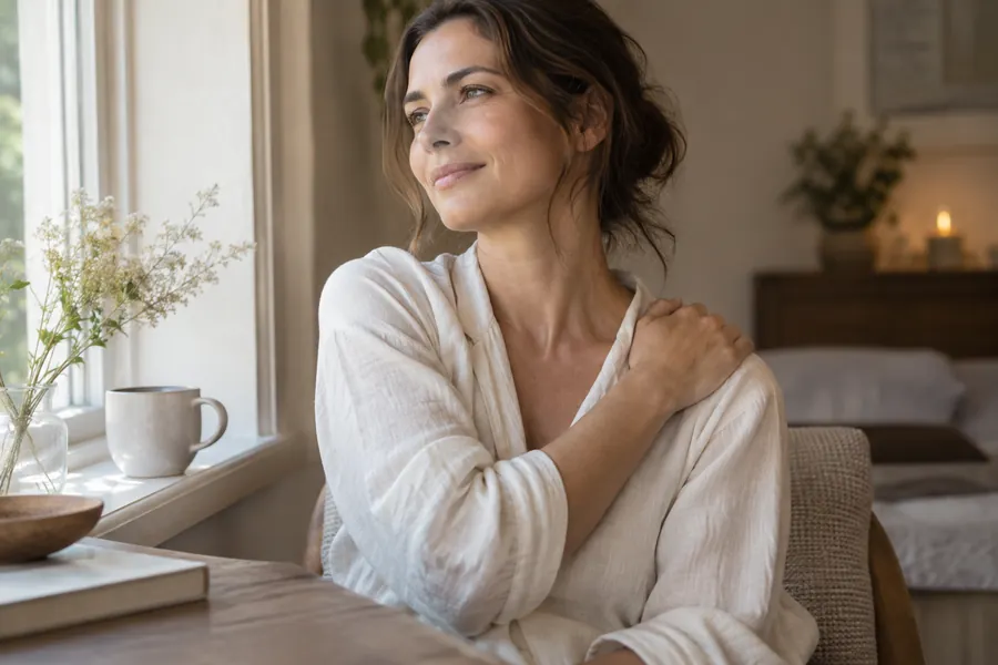 A woman places a hand on her opposite shoulder while seated.
