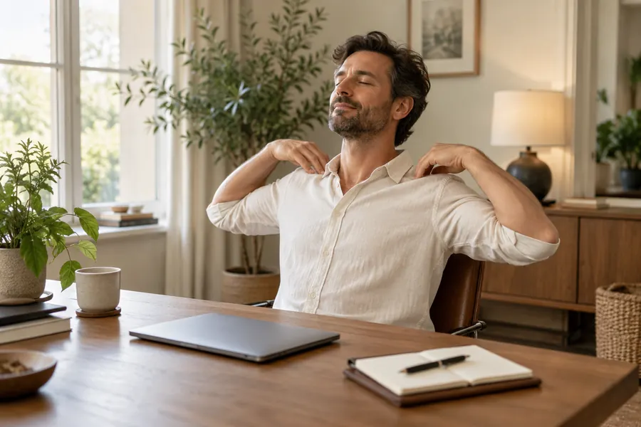 A man stretches his shoulders beside a closed laptop.