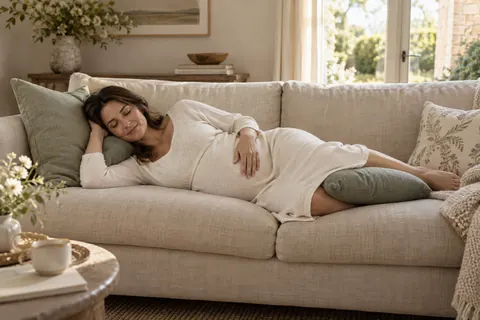 A pregnant woman rests on her side with pillows supporting her body and knees.
