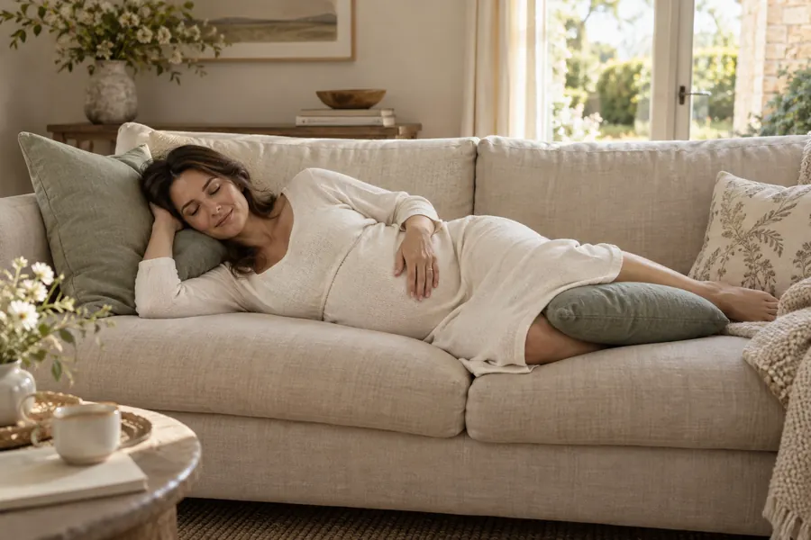 A pregnant woman rests on her side with pillows supporting her body and knees.