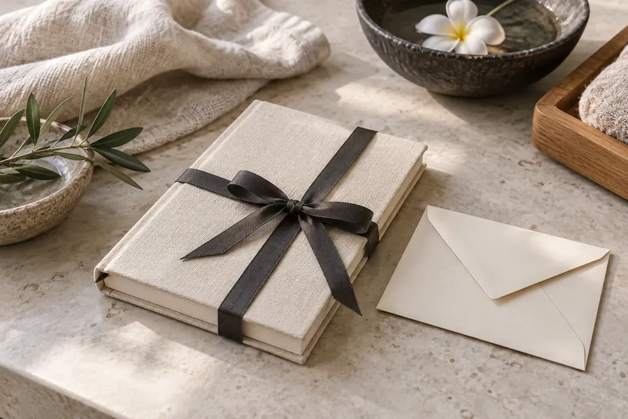 A closed linen-covered notebook and envelope on a quiet desk.
