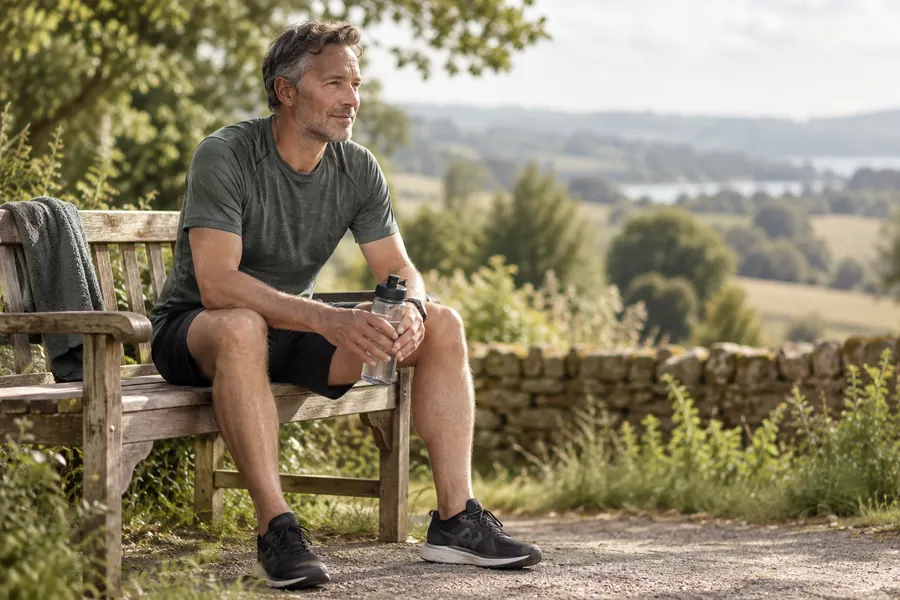 A runner takes a seated break with a water bottle after exercise.