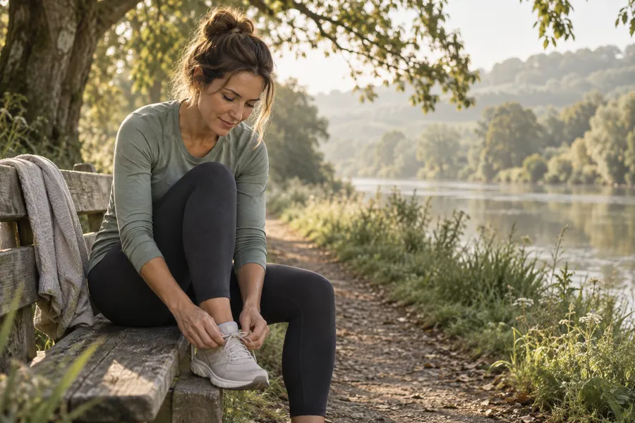 A woman ties her running shoes beside a quiet riverside path.
