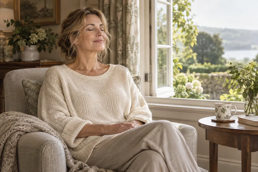 A woman pauses quietly in an armchair beside a cup of tea.