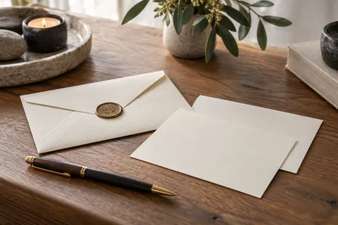 Ivory gift cards, an envelope and a pen on a pale table.