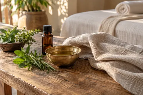 A brass bowl of massage oil, herbs and an amber bottle on folded linen.