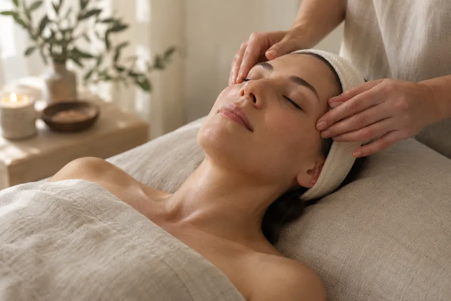A woman wearing a soft headband receives a gentle facial massage.