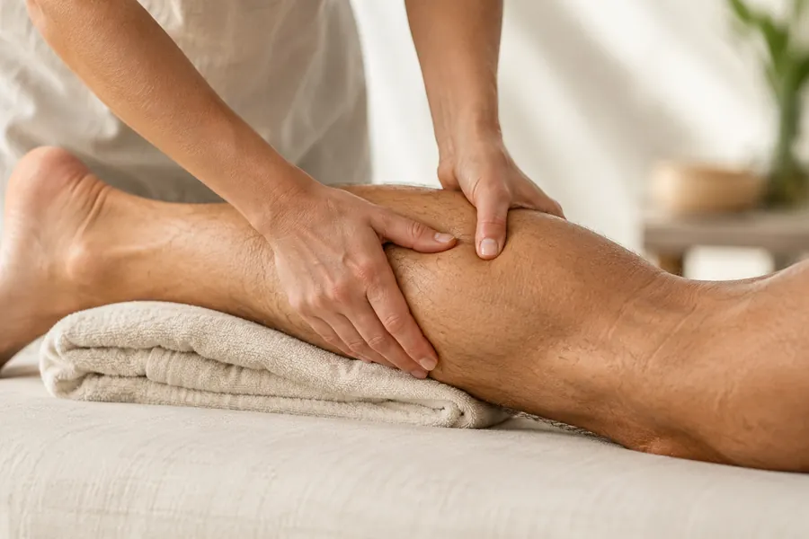 A therapist massages the calf and ankle of a resting leg.