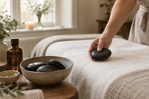 A therapist selects a smooth basalt stone beside a bowl of massage stones.