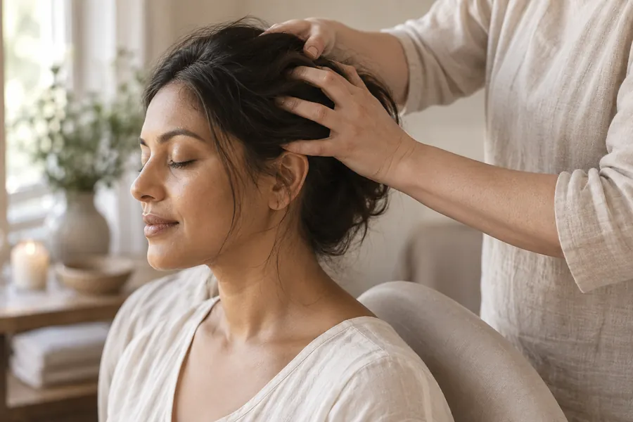 A seated woman receives a gentle scalp massage from a therapist.