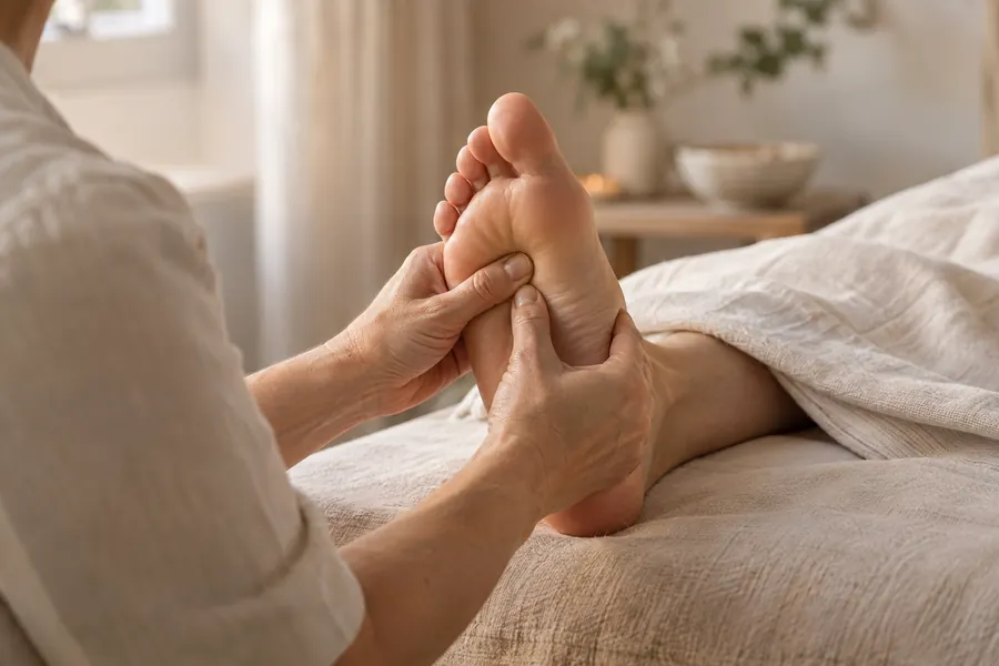 A therapist supports a foot and applies pressure to the sole during reflexology.