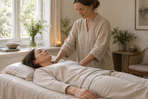 A clothed woman rests on a couch while a practitioner places their hands lightly at her shoulders.
