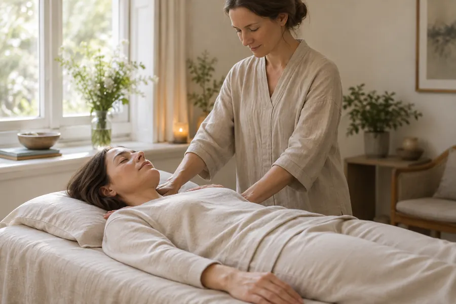 A clothed woman rests on a couch while a practitioner places their hands lightly at her shoulders.