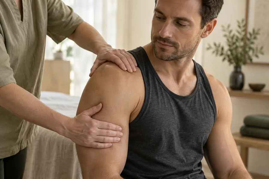A therapist discusses shoulder and upper-arm comfort with a man in sportswear.