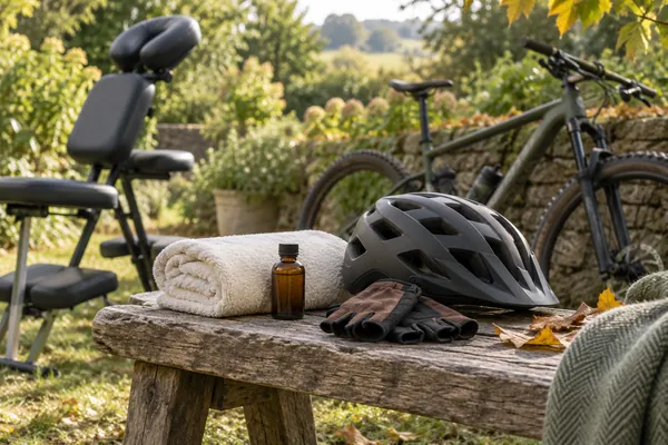 Cycling helmet, massage towel and aromatherapy oil in an English garden.