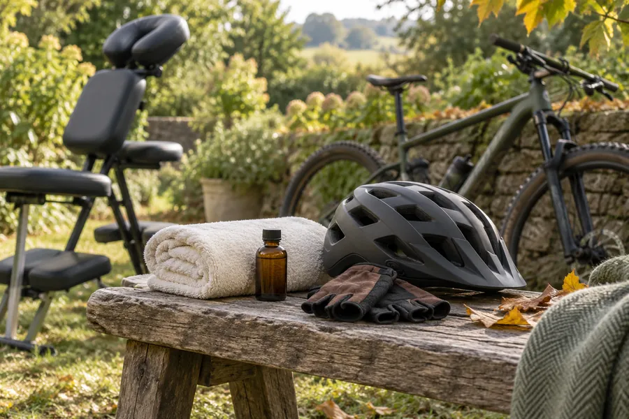 Cycling helmet, massage towel and aromatherapy oil in an English garden.