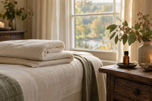 Ivory towels and aromatherapy oil beside a softly lit sash window.