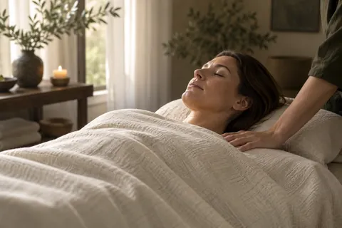 A woman rests under an ivory blanket while a therapist supports her shoulder.