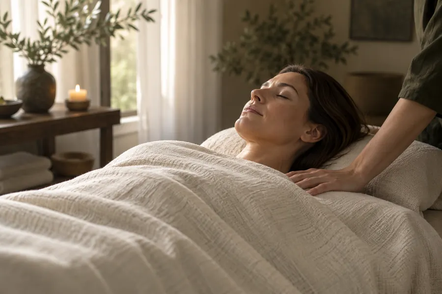 A woman rests under an ivory blanket while a therapist supports her shoulder.
