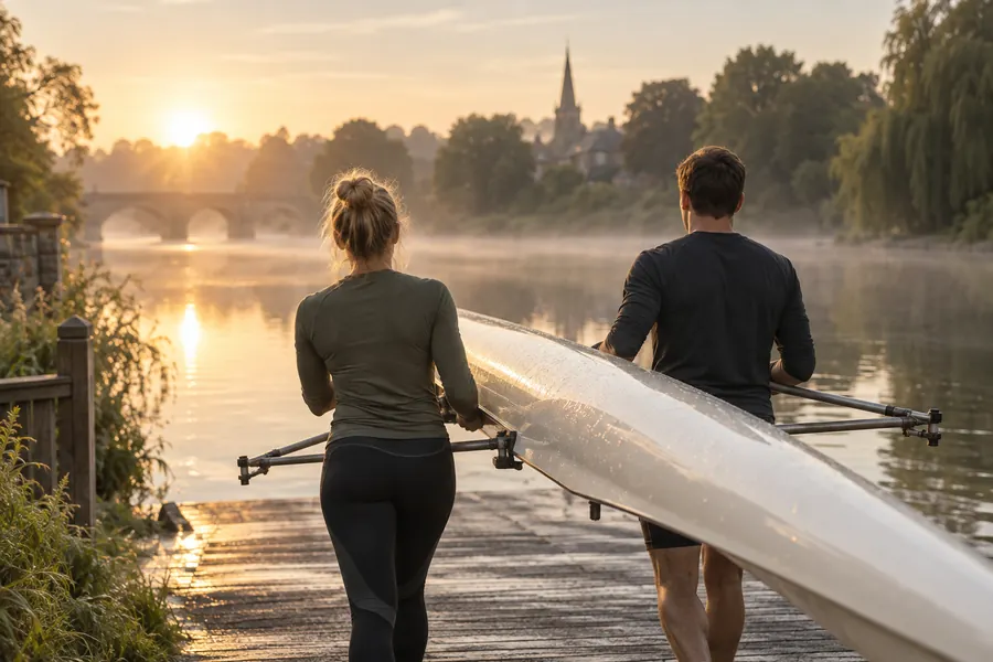 Two rowers carry a rowing shell towards a quiet river at dawn.