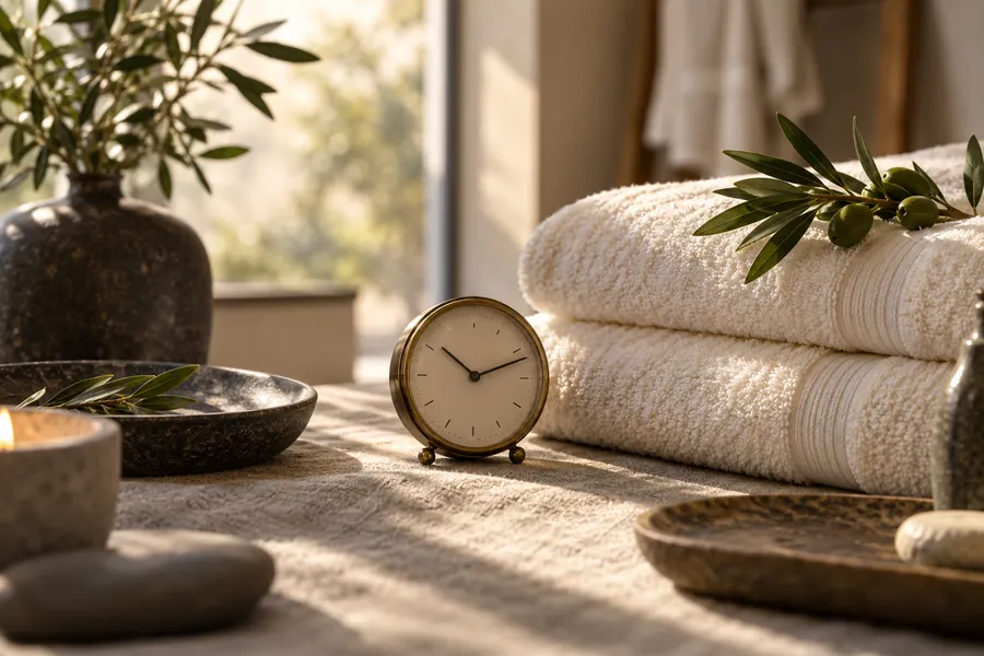 An analogue clock beside folded massage towels in soft daylight.