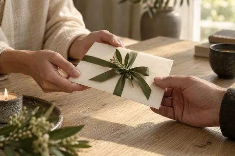 A gift envelope tied with an olive ribbon is passed between two people.