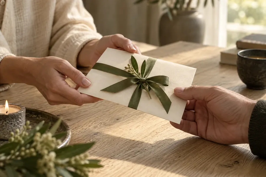 A gift envelope tied with an olive ribbon is passed between two people.